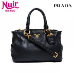 Prada Soft Calf Leather Double Zip Tote Shoulder Bag black